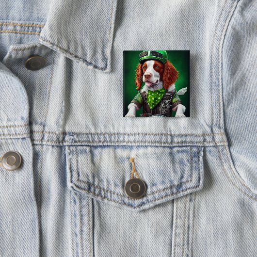 Brittany Spaniel fiets St. Patrick's Day Vierkante Button 5,1 Cm (In situ)