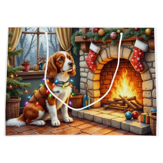 Brittany Spaniel Fireplace with Christmas Lights Groot Cadeauzakje (Voorkant)