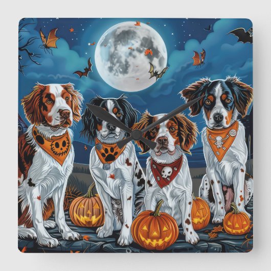 Brittany Spaniel Halloween Spooky Vierkante Klok (Voorkant)