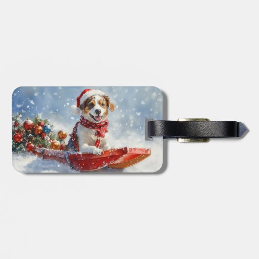 Brittany Spaniel Hond in Sledge Kerstmis Bagagelabel (Achterkant horizontaal)