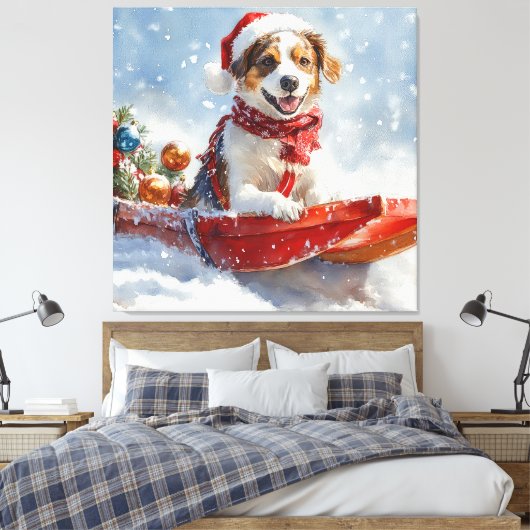 Brittany Spaniel Hond in Sledge Kerstmis Canvas Afdruk (Insitu (Slaapkamer))
