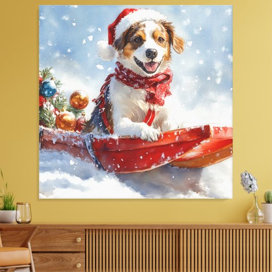 Brittany Spaniel Hond in Sledge Kerstmis Canvas Afdruk (Insitu (Woonkamer))
