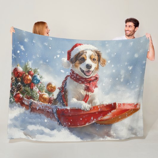 Brittany Spaniel Hond in Sledge Kerstmis Fleece Deken (In situ)