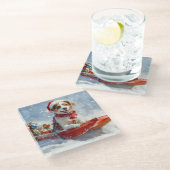 Brittany Spaniel Hond in Sledge Kerstmis Glazen Onderzetter (Schuin)