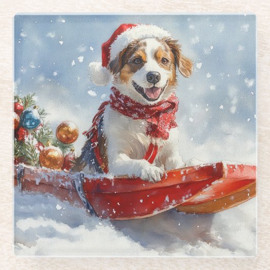 Brittany Spaniel Hond in Sledge Kerstmis Glazen Onderzetter (Voorkant)