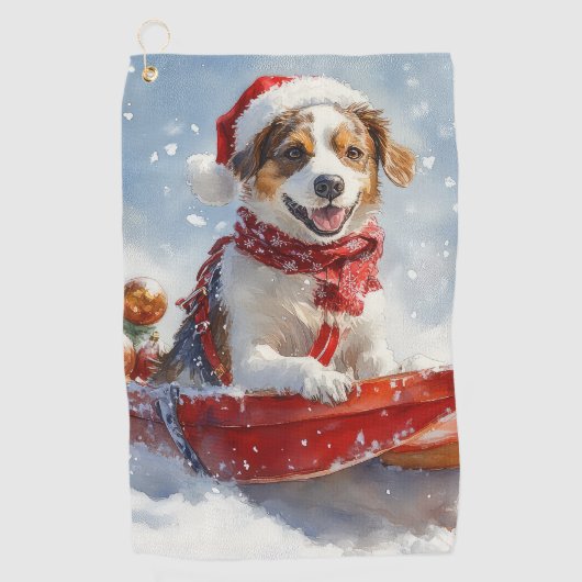 Brittany Spaniel Hond in Sledge Kerstmis Golfhanddoek (Voorkant)