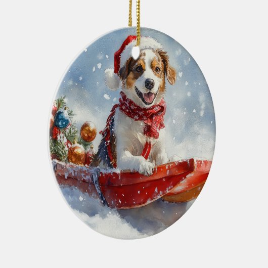 Brittany Spaniel Hond in Sledge Kerstmis Keramisch Ornament (Rechts)