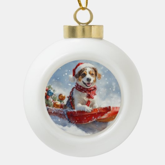 Brittany Spaniel Hond in Sledge Kerstmis Keramische Bal Ornament (Voorkant)
