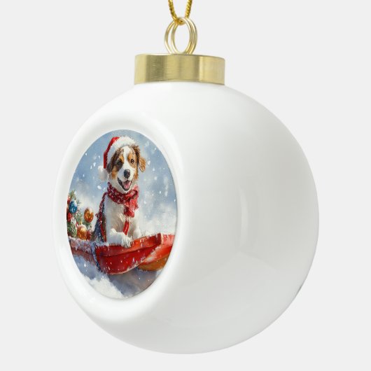 Brittany Spaniel Hond in Sledge Kerstmis Keramische Bal Ornament (Rechts)