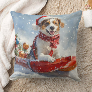 Brittany Spaniel Hond in Sledge Kerstmis Kussen