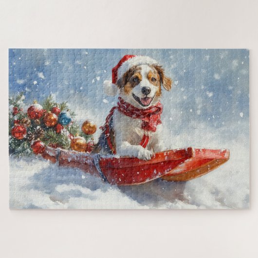 Brittany Spaniel Hond in Sledge Kerstmis Legpuzzel (Horizontaal)