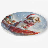 Brittany Spaniel Hond in Sledge Kerstmis Papieren Bordje (Gekanteld)