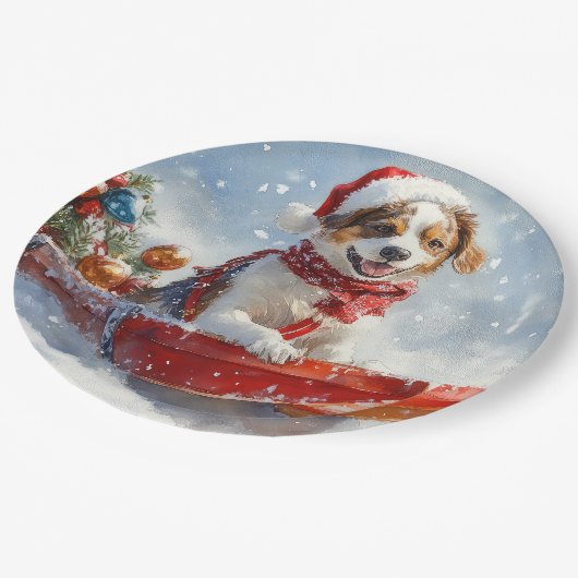 Brittany Spaniel Hond in Sledge Kerstmis Papieren Bordje (Gekanteld)