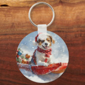 Brittany Spaniel Hond in Sledge Kerstmis Sleutelhanger (Voorkant)