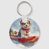 Brittany Spaniel Hond in Sledge Kerstmis Sleutelhanger (Achterkant)