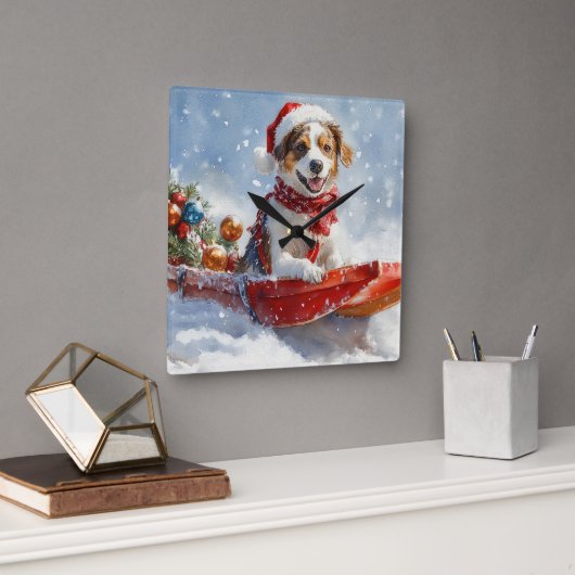 Brittany Spaniel Hond in Sledge Kerstmis Vierkante Klok (Kantoor)