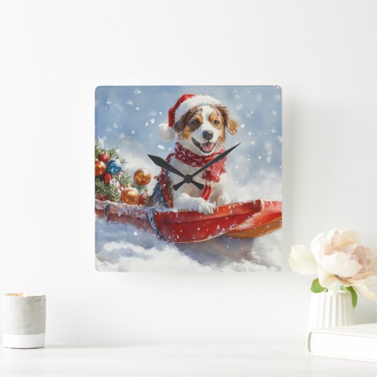 Brittany Spaniel Hond in Sledge Kerstmis Vierkante Klok (Huis)