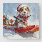 Brittany Spaniel Hond in Sledge Kerstmis Vierkante Klok (Voorkant)