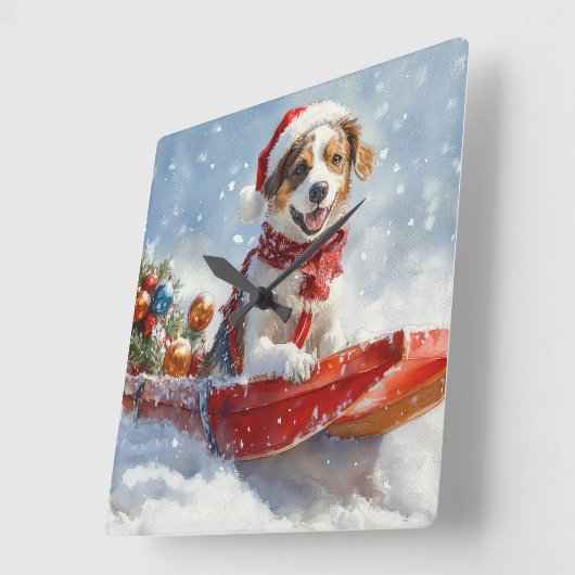 Brittany Spaniel Hond in Sledge Kerstmis Vierkante Klok (Hoek)