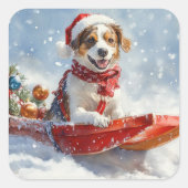 Brittany Spaniel Hond in Sledge Kerstmis Vierkante Sticker (Voorkant)