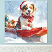 Brittany Spaniel hond in slee Kerstmis Canvas Afdruk (Insitu (Houten vloer))