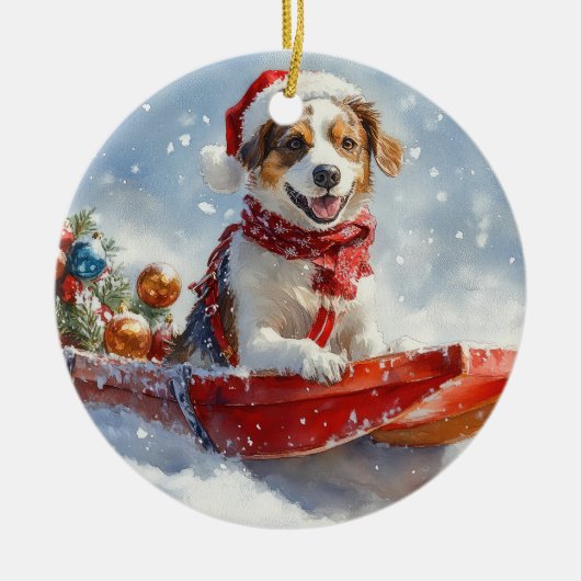 Brittany Spaniel-hond in slee Kerstmis Keramisch Ornament (Voorkant)