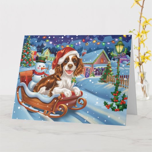 Brittany Spaniel-hond in slee met sneeuw Kerstmis Kaart (Gele Bloem)