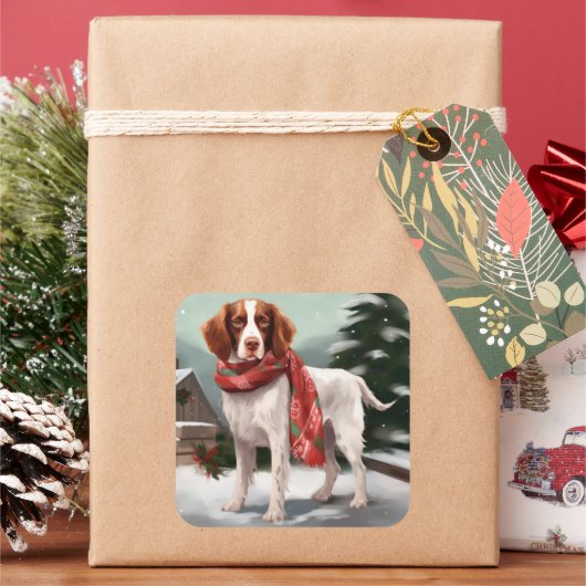 Brittany Spaniel Hond in Sneeuw Kerstmis Vierkante Sticker (Feestdagen)