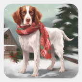 Brittany Spaniel Hond in Sneeuw Kerstmis Vierkante Sticker (Voorkant)