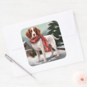 Brittany Spaniel Hond in Sneeuw Kerstmis Vierkante Sticker (Envelop)