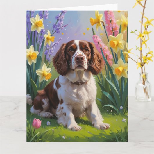Brittany Spaniel hond lente bloemen schilderij  Kaart (Gele Bloem)