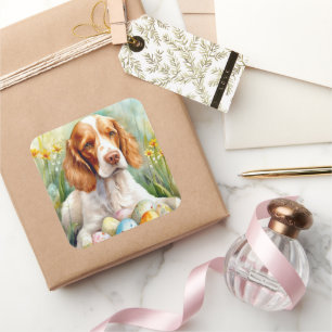 Brittany Spaniel hond met Pasen Eieren Vakantie Vierkante Sticker