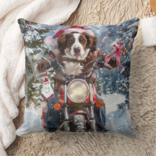 Brittany Spaniel Hond Rijdt op Motorfiets Kerstmis Kussen