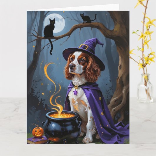Brittany Spaniel hond speelse Halloween-schilderin Kaart (Gele Bloem)