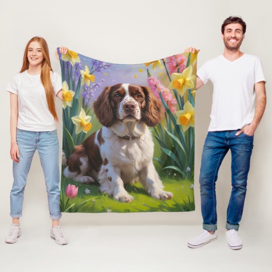 Brittany Spaniel Hond Spring Bloemen Schilderen Fleece Deken (In situ)