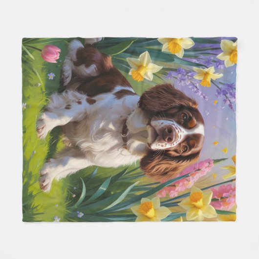 Brittany Spaniel Hond Spring Bloemen Schilderen Fleece Deken (Voorkant (Horizontaal))