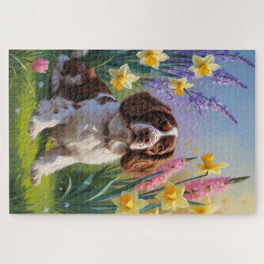 Brittany Spaniel Hond Spring Bloemen Schilderen Legpuzzel (Horizontaal)