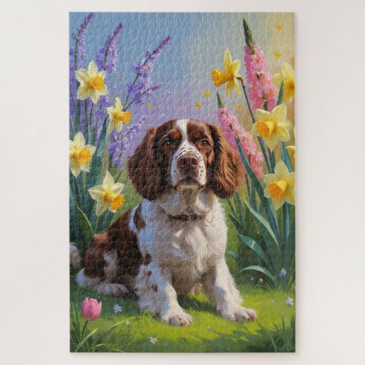Brittany Spaniel Hond Spring Bloemen Schilderen Legpuzzel (Verticaal)
