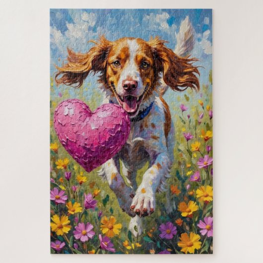 Brittany Spaniel Hond Valentijnsdag Roze Dummy Legpuzzel (Verticaal)