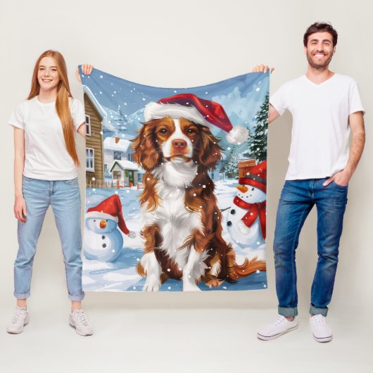 Brittany Spaniel Hond Winter Wonderland Kerstmis Fleece Deken (In situ)