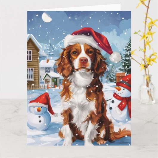 Brittany Spaniel Hond Winter Wonderland Kerstmis Kaart (Gele Bloem)