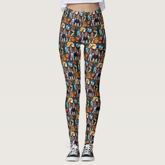 Brittany Spaniel Honden Pompoen Halloween Grappig Leggings (Voorkant)