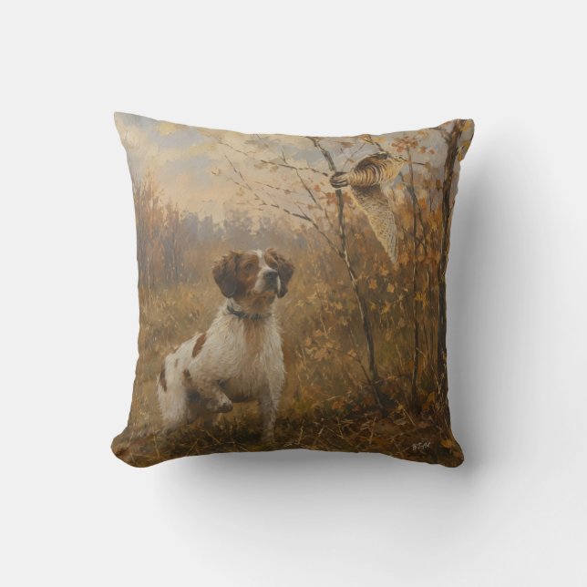 Brittany Spaniel – Houtsnip Jacht Kunst Kussen (Voorkant)