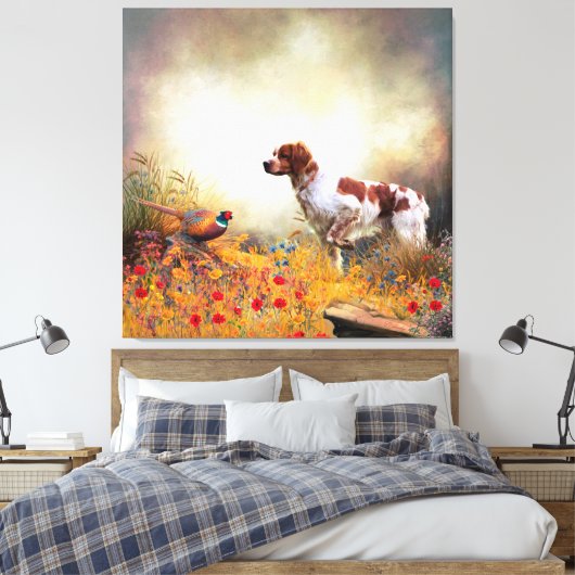 Brittany Spaniel, Hunting Pheasant Canvas Afdruk (Insitu (Slaapkamer))
