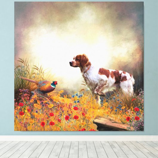 Brittany Spaniel, Hunting Pheasant Canvas Afdruk (Insitu (Houten vloer))