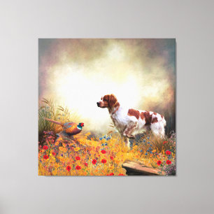 Brittany Spaniel, Hunting Pheasant Canvas Afdruk