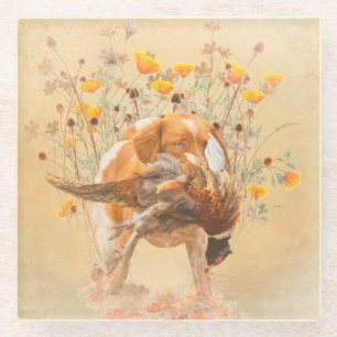 Brittany Spaniel, Hunting Pheasant Coffee Mok T-Sh Glazen Onderzetter
