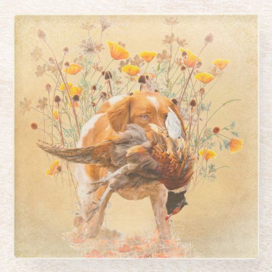 Brittany Spaniel, Hunting Pheasant Coffee Mok T-Sh Glazen Onderzetter (Voorkant)