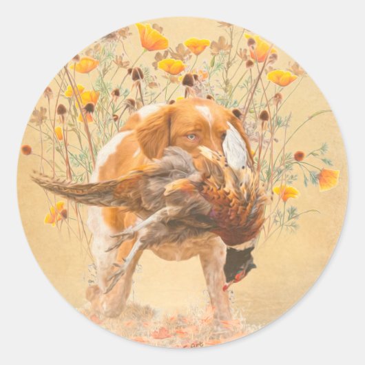 Brittany Spaniel, Hunting Pheasant Coffee Mok T-Sh Ronde Sticker (Voorkant)