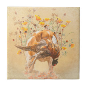 Brittany Spaniel, Hunting Pheasant Coffee Mok T-Sh Tegeltje
